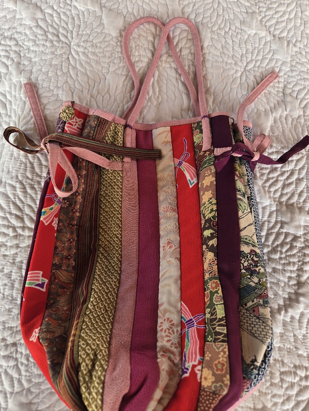 Multi-Color Kimono Fabric Patchwork Tote Bag - Pink, Red & Purple